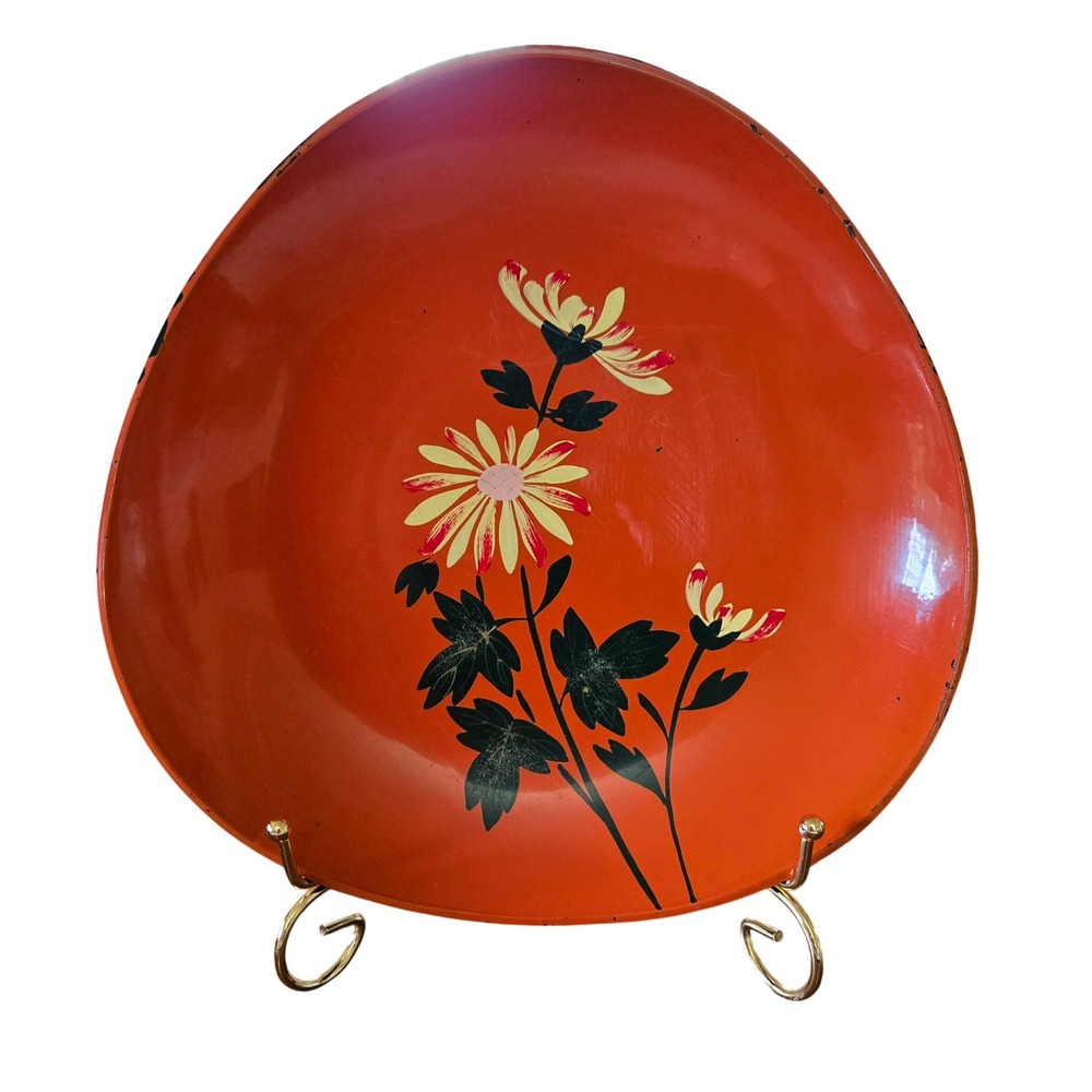 Vintage Japanese Lacquerware Decorative Plate Red Orange Black Chrysanthemum 10"